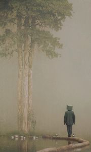 Preview wallpaper man, cube, pond, tree, fantasy, art