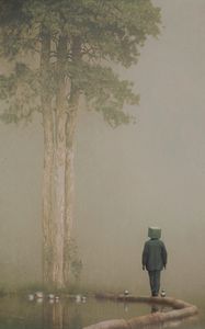 Preview wallpaper man, cube, pond, tree, fantasy, art