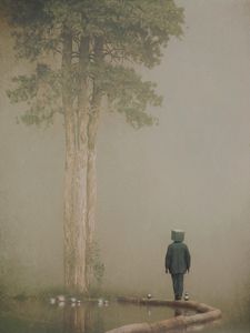 Preview wallpaper man, cube, pond, tree, fantasy, art
