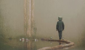 Preview wallpaper man, cube, pond, tree, fantasy, art