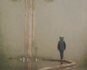 Preview wallpaper man, cube, pond, tree, fantasy, art