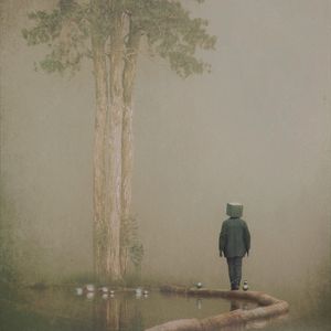 Preview wallpaper man, cube, pond, tree, fantasy, art