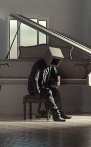 Preview wallpaper man, cube, pose, piano, art