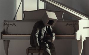 Preview wallpaper man, cube, pose, piano, art