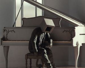 Preview wallpaper man, cube, pose, piano, art