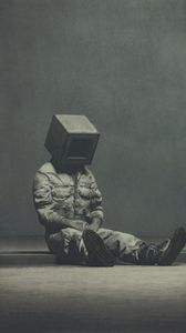 Preview wallpaper man, cube, pose, sadness, art