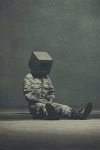 Preview wallpaper man, cube, pose, sadness, art