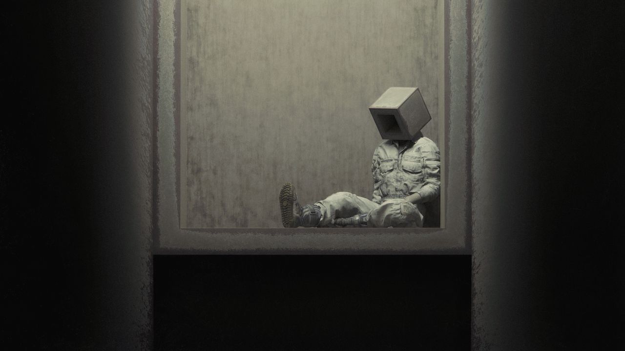 Wallpaper man, cube, pose, window, art