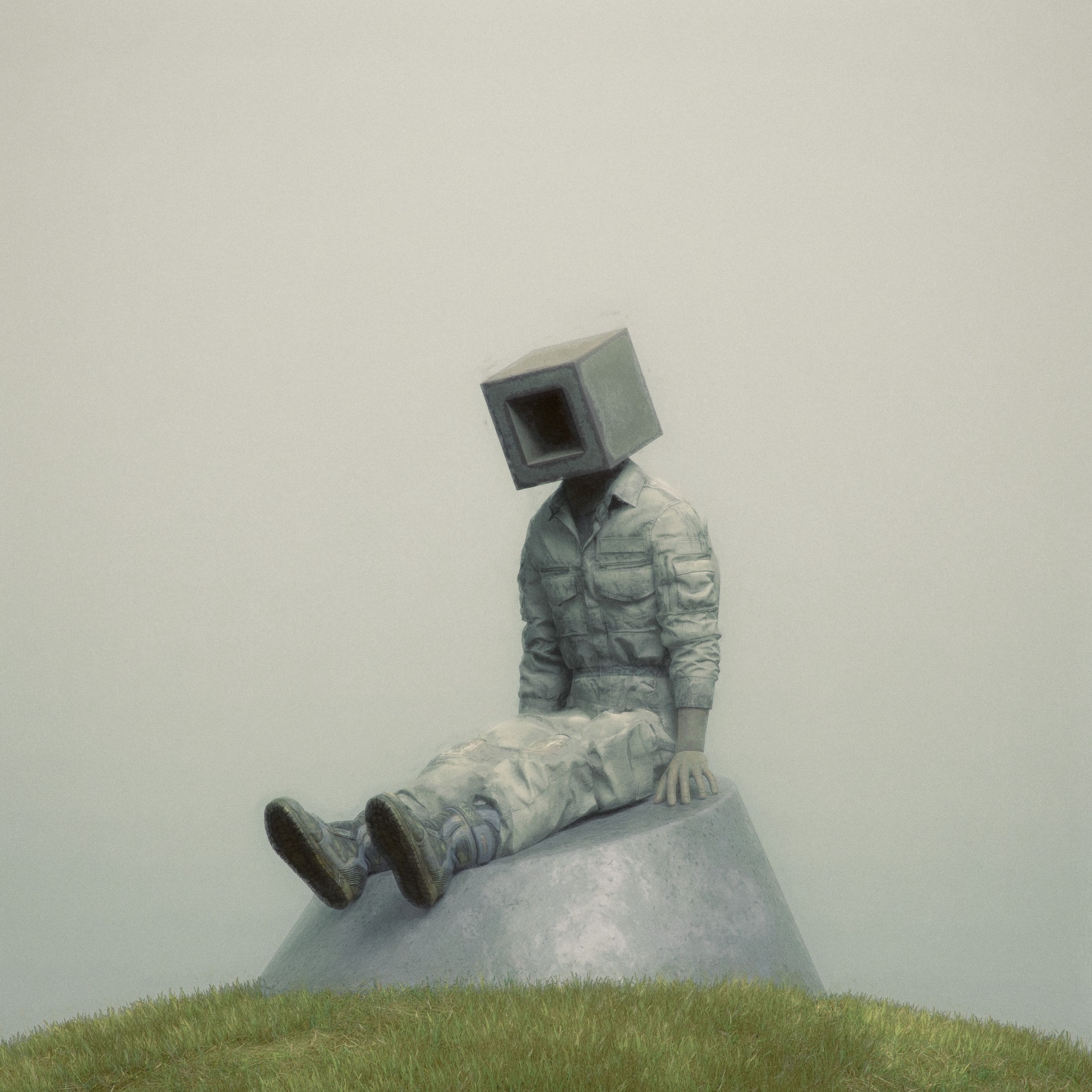 Download wallpaper 2780x2780 man, cube, pose, hill, grass, art ipad air