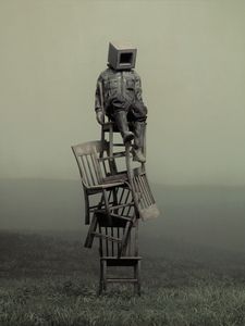 Preview wallpaper man, cube, pose, chairs, grass, fog, art