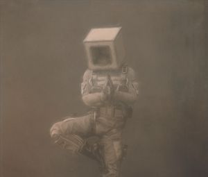 Preview wallpaper man, cube, pose, fantasy, art, fog