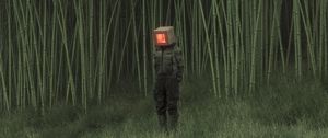 Preview wallpaper man, cube, reeds, pond, grass, art