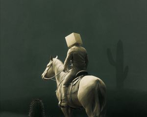 Preview wallpaper man, cube, rider, horse, cacti, art