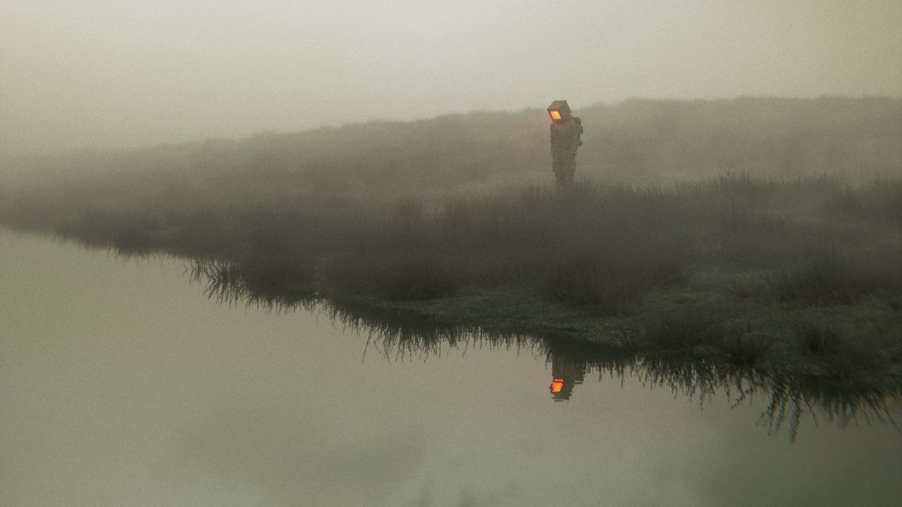 Wallpaper man, cube, river, grass, fog, art