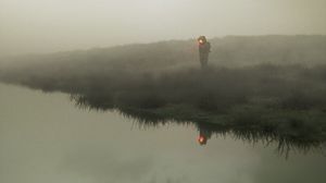 Preview wallpaper man, cube, river, grass, fog, art