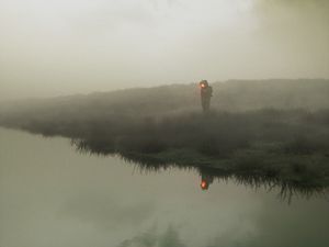 Preview wallpaper man, cube, river, grass, fog, art