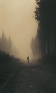 Preview wallpaper man, cube, road, forest, art, fog