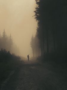 Preview wallpaper man, cube, road, forest, art, fog