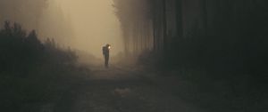 Preview wallpaper man, cube, road, forest, art, fog