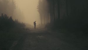 Preview wallpaper man, cube, road, forest, art, fog