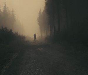 Preview wallpaper man, cube, road, forest, art, fog
