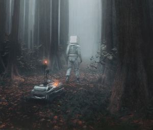 Preview wallpaper man, cube, robot, forest, fog, fantasy, art