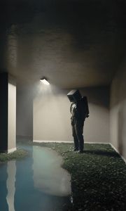 Preview wallpaper man, cube, room, water, art
