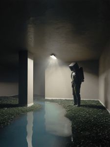 Preview wallpaper man, cube, room, water, art