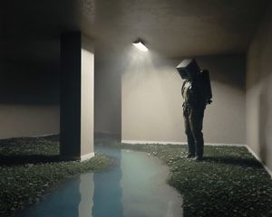 Preview wallpaper man, cube, room, water, art