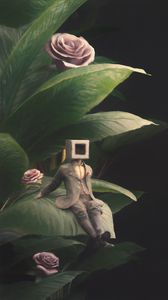 Preview wallpaper man, cube, roses, leaves, fantasy, art
