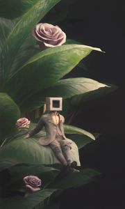 Preview wallpaper man, cube, roses, leaves, fantasy, art