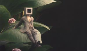 Preview wallpaper man, cube, roses, leaves, fantasy, art