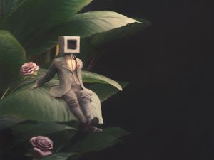 Preview wallpaper man, cube, roses, leaves, fantasy, art