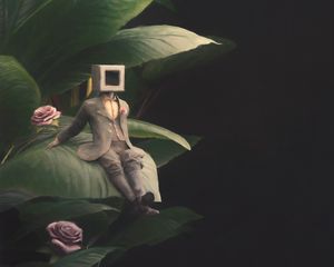 Preview wallpaper man, cube, roses, leaves, fantasy, art