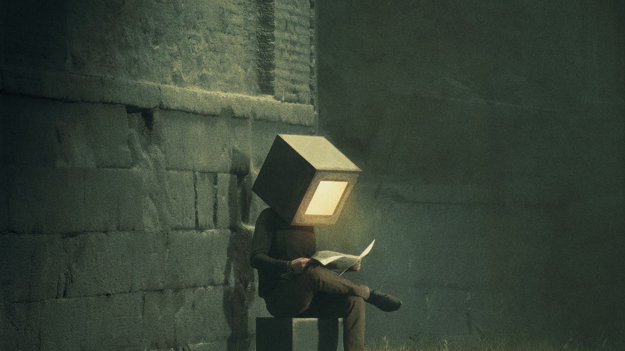 Wallpaper man, cube, screen, posture, newspaper, art