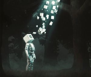 Preview wallpaper man, cube, shapes, light, fantasy, art