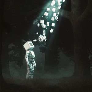 Preview wallpaper man, cube, shapes, light, fantasy, art