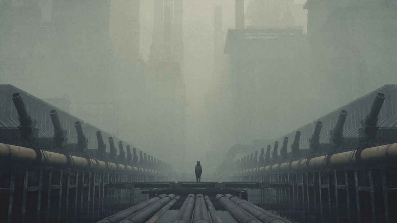 Wallpaper man, cube, silhouette, fog, alone, art
