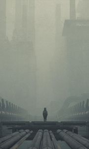 Preview wallpaper man, cube, silhouette, fog, alone, art