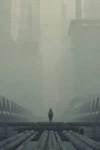 Preview wallpaper man, cube, silhouette, fog, alone, art