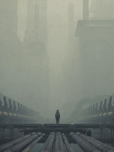 Preview wallpaper man, cube, silhouette, fog, alone, art