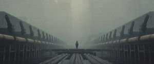 Preview wallpaper man, cube, silhouette, fog, alone, art