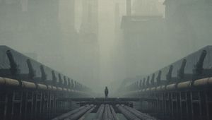 Preview wallpaper man, cube, silhouette, fog, alone, art