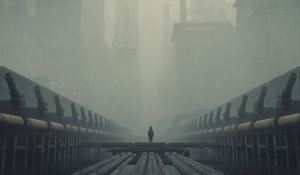 Preview wallpaper man, cube, silhouette, fog, alone, art