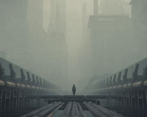 Preview wallpaper man, cube, silhouette, fog, alone, art