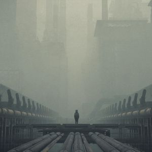 Preview wallpaper man, cube, silhouette, fog, alone, art