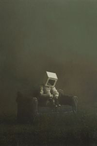 Preview wallpaper man, cube, sofa, fantasy, loneliness, sadness, art