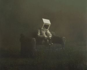 Preview wallpaper man, cube, sofa, fantasy, loneliness, sadness, art