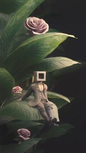 Preview wallpaper man, cube, suit, leaves, flowers, art