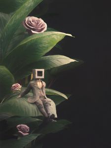 Preview wallpaper man, cube, suit, leaves, flowers, art